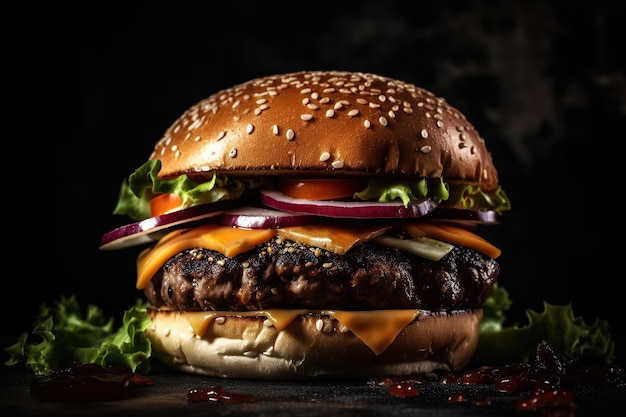 Delicious burger on a dark background Illustration of Generative AI