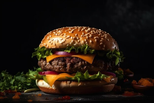 Delicious burger on a dark background Illustration of Generative AI