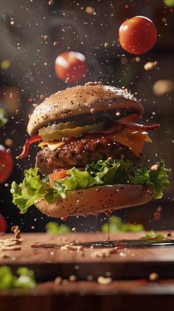 Photo delicious burger floating in the air professional food photography studio background advertising