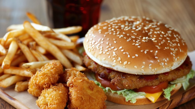 Delicious Burger Meal with Crispy Fries and Chicken Nuggets