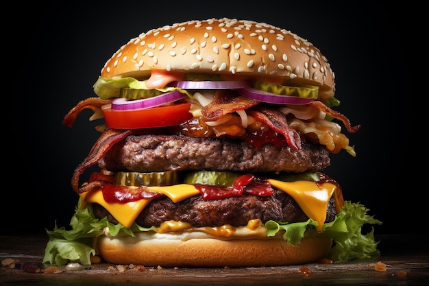 Delicious Burger served on a table on a black background