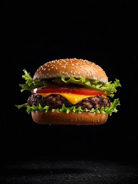 Delicious burger in studio a very detailed hamburger floating on a black background