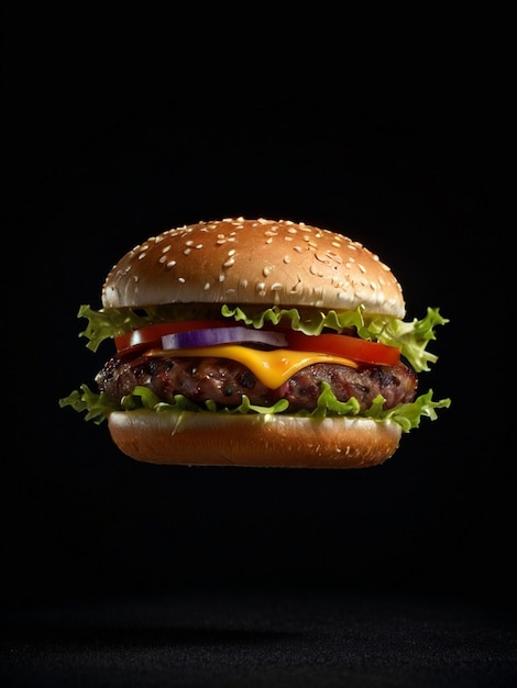 Delicious burger in studio a very detailed hamburger floating on a black background