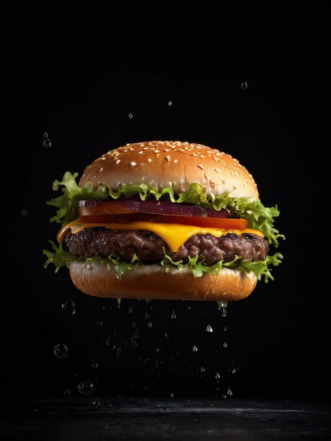 Delicious burger in studio a very detailed hamburger floating on a black background