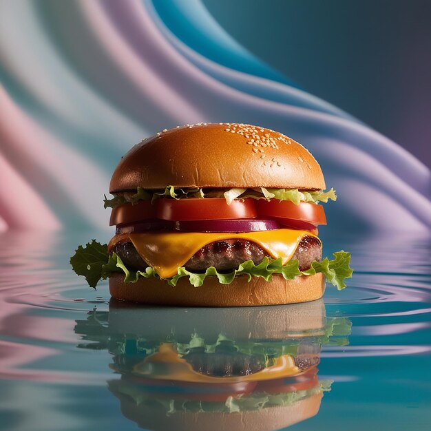 Delicious burger in water glow backround presentation