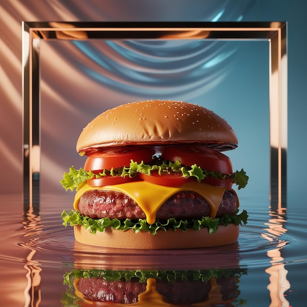 Delicious burger in water glow backround presentation