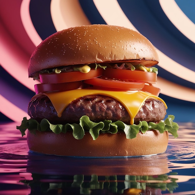 Delicious burger in water glow backround presentation