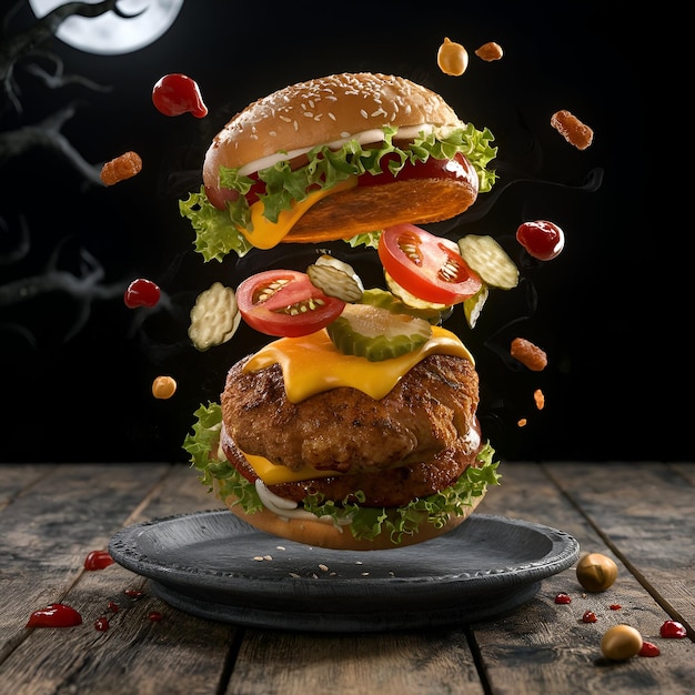 Delicious burger with all ingredients lettucetomatoesmeat pattyfloating burger 3d illustration