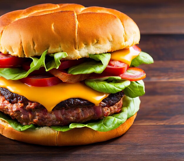 Delicious burger with beef bacon and french fries on wooden board closeup