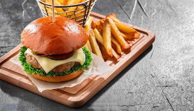 Delicious Burger With Cheese And French Fries