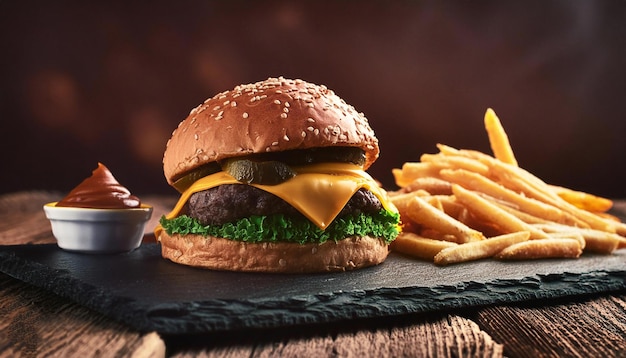 Delicious Burger With Cheese And French Fries