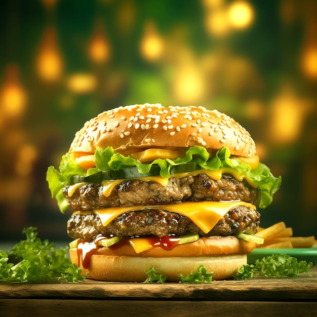 Delicious burger with cheese and green onion on a blur background