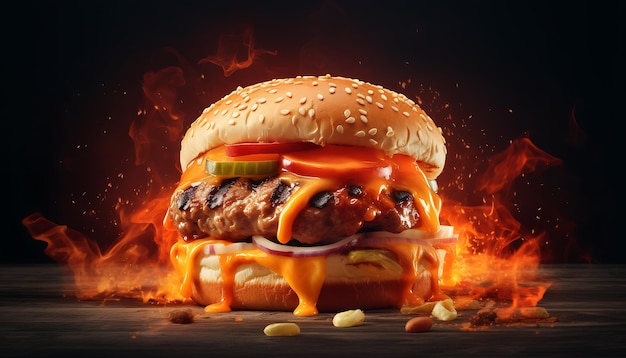 Delicious burger with fire flames