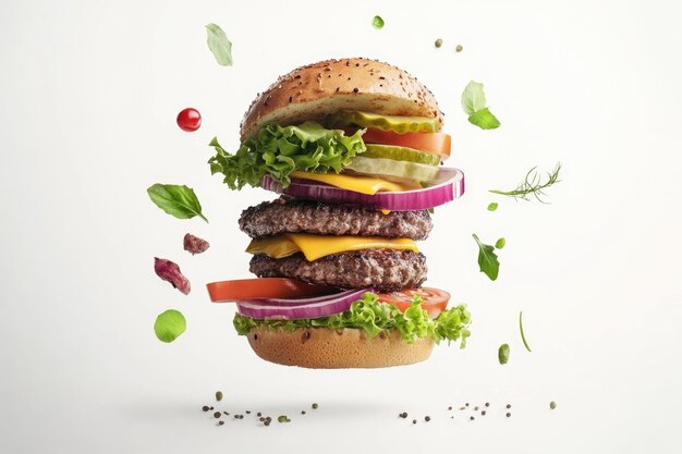 Photo delicious burger with floating ingredients on white background