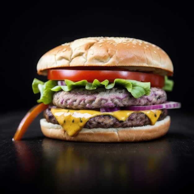 Delicious burger with fresh ingredients over background