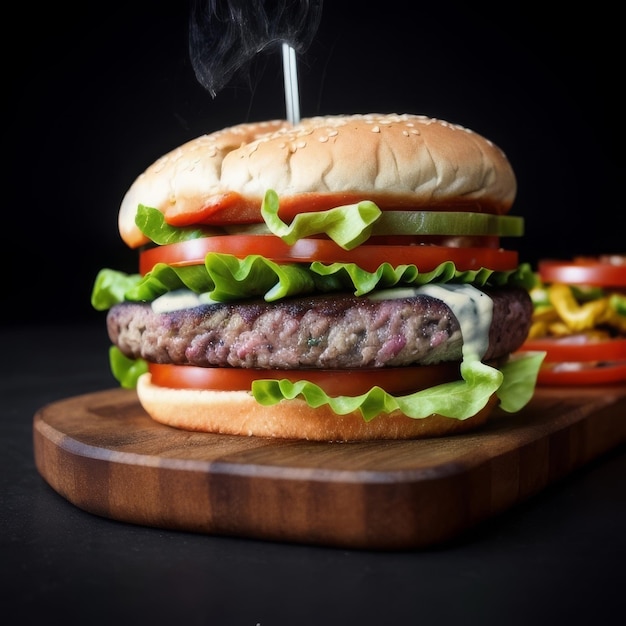 Delicious burger with fresh ingredients over background