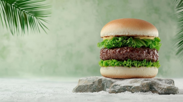 Photo delicious burger with fresh lettuce on a stone background