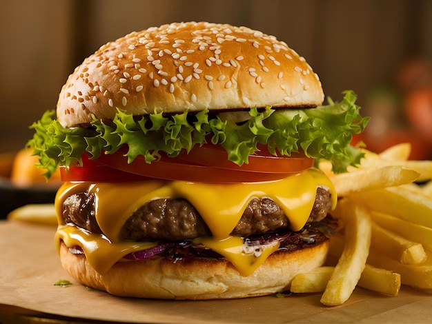 Delicious burger with ground beef patty burger isolated on black wooden background Ingredients of lettuce bacon onions tomatoes and cucumbers