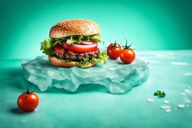 Delicious burger with juicy sauce tomato slices and lettuce on aquamarine background