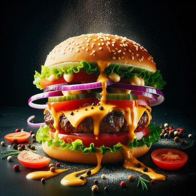 Delicious burger with many ingredients isolated on black background Tasty cheeseburger splash sauce