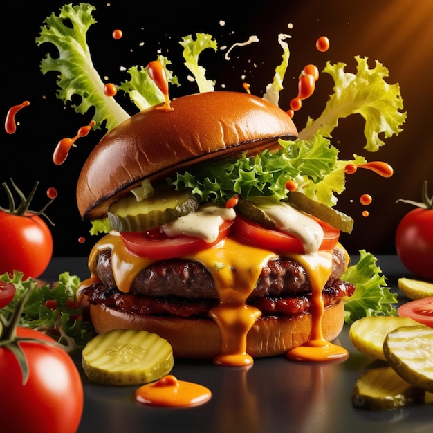 Delicious burger with many ingredients isolated on black background Tasty cheeseburger splash sauce