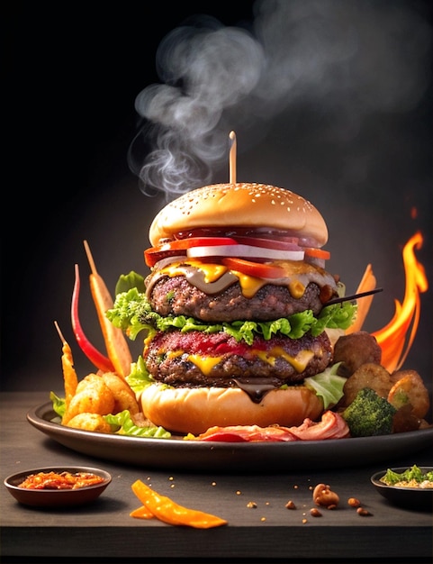 Delicious burger with many ingredients isolated' chases back side fire smoke skewer