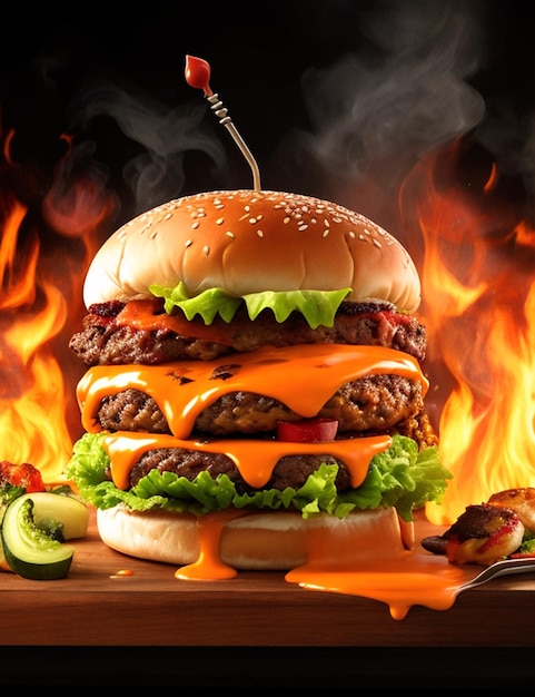 Delicious burger with many ingredients isolated' chases back side fire smoke skewer