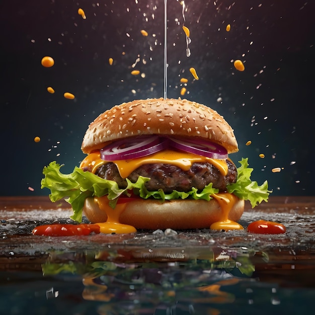 Delicious burger with many ingredients isolated onTasty cheeseburger with splash sauce Generative