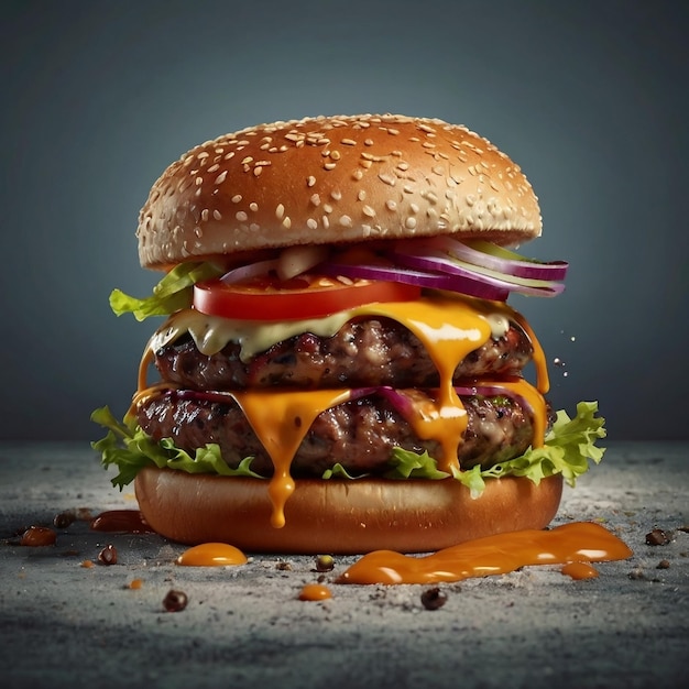 Delicious burger with many ingredients isolated onTasty cheeseburger with splash sauce Generative