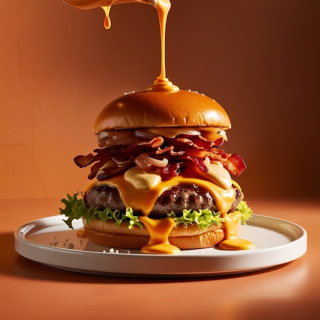 Delicious burger with many ingredients isolated onTasty cheeseburger with splash sauce Generative