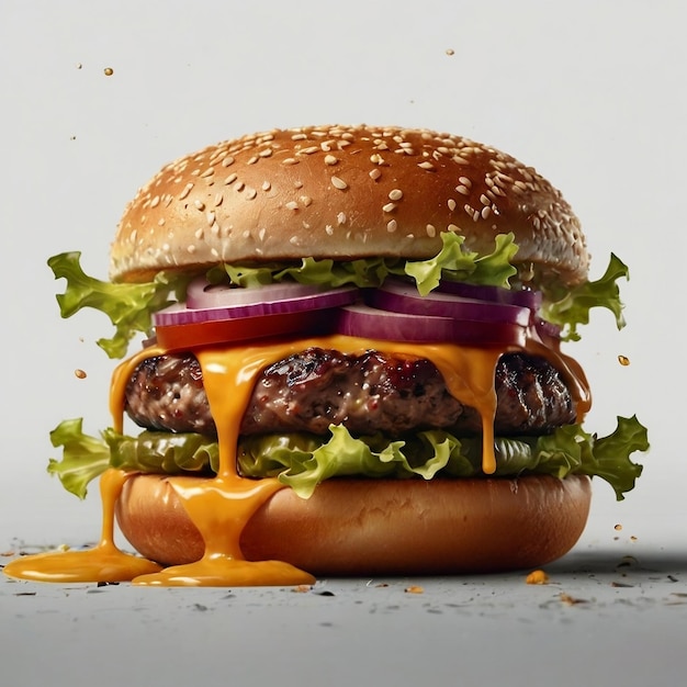 Delicious burger with many ingredients isolated onTasty cheeseburger with splash sauce Generative