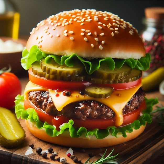 Delicious burger with many ingredients isolated onTasty cheeseburger with splash sauce Generative