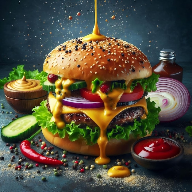 Delicious burger with many ingredients isolated onTasty cheeseburger with splash sauce Generative