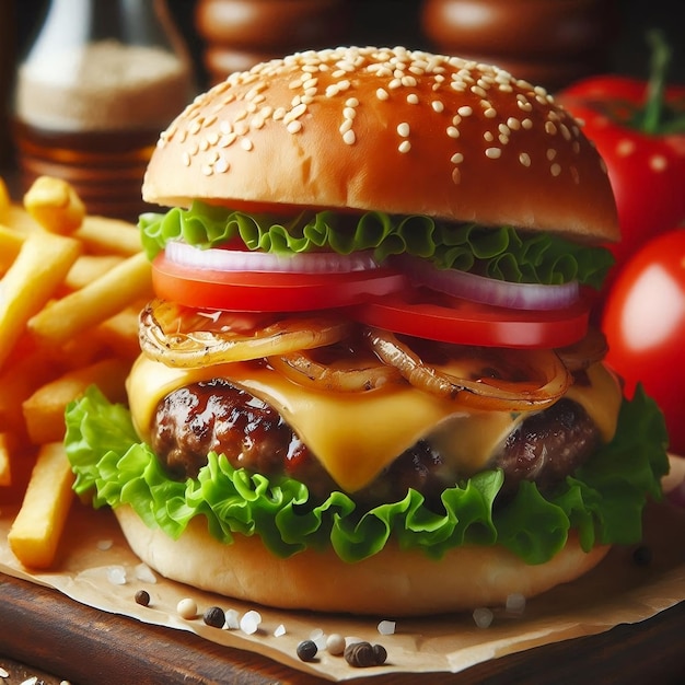 Delicious burger with many ingredients isolated onTasty cheeseburger with splash sauce Generative