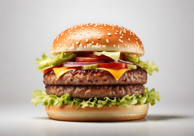 Delicious burger with many ingredients isolated on white background tasty cheeseburger splash sauce