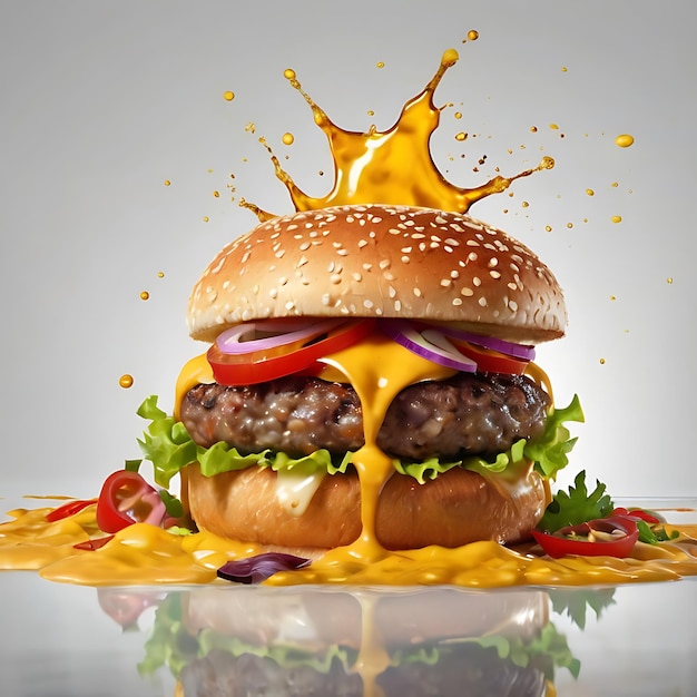 Delicious burger with many ingredients isolated on white background Tasty cheeseburger splash sauce