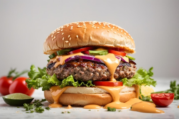 Delicious burger with many ingredients isolated on white background tasty cheeseburger splash sauce