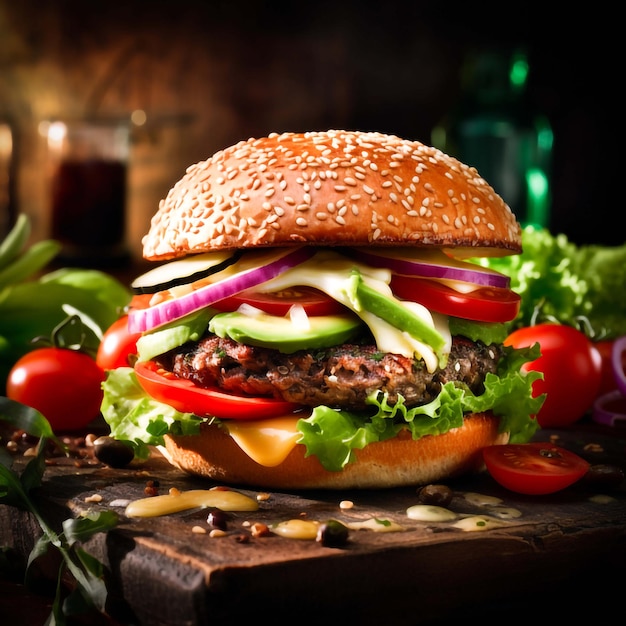 A delicious burger with meat fresh vegetables on a wooden background generated by AI