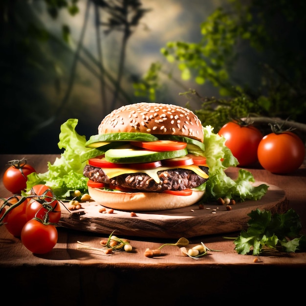 A delicious burger with meat fresh vegetables on a wooden background generated by AI