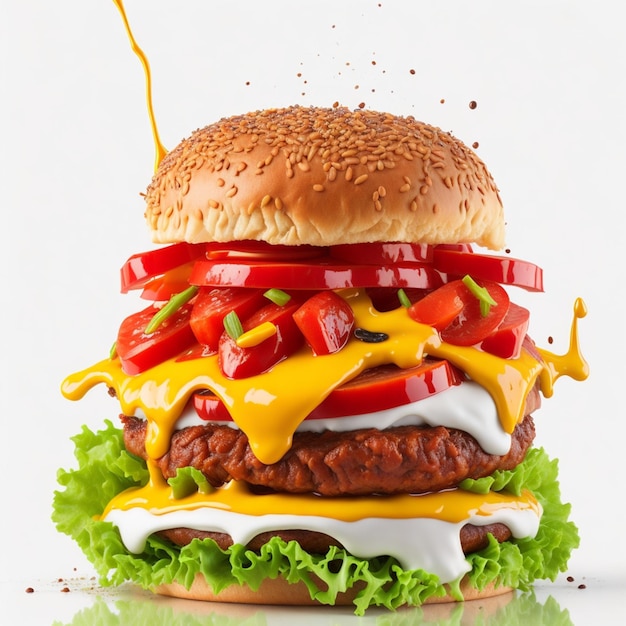 Delicious Burger with a Medley of Ingredients Isolated on White Background AIGenerated