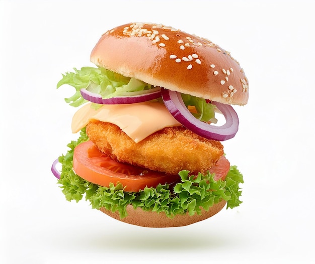 Photo a delicious burger with onions and tomatoes floating in the air isolated on a white background