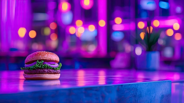 Delicious burger with sesame seed bun on table in vibrant cafe