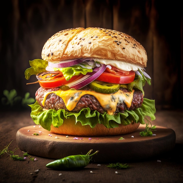 delicious burger on a wooden board with fresh vegetable garnish