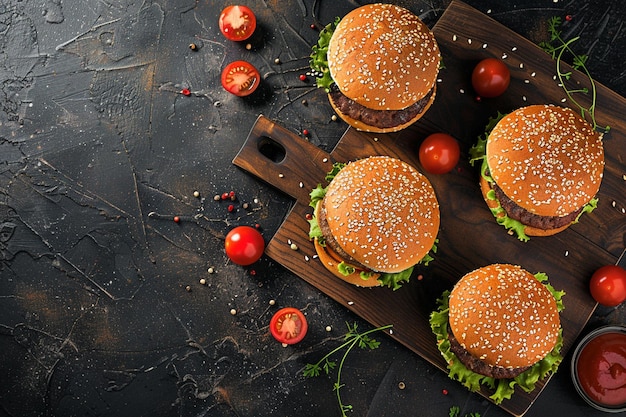 Delicious burgers on wooden board arrangement