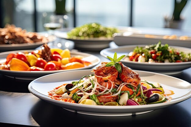 Delicious business lunch dishes from various cuisines including italian asian and mediterranean