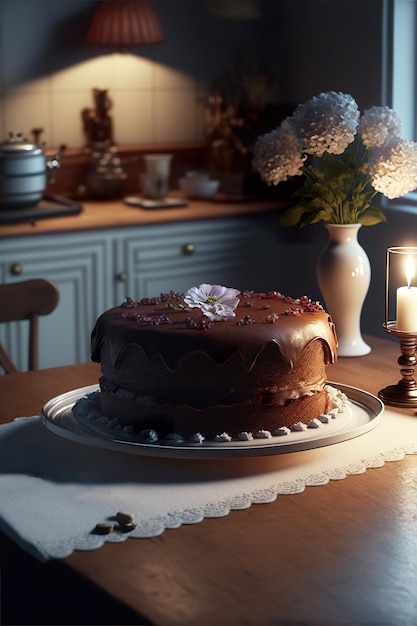 Delicious cake on a dining table in the kitchen