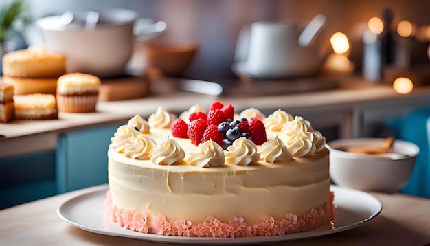 Delicious cake in a modern kitchen joyful atmosphere festive atmosphere and Happy Birthday