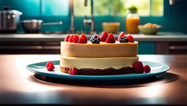 Delicious cake in a modern kitchen joyful atmosphere festive atmosphere and Happy Birthday