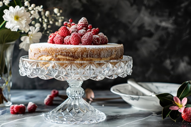 Photo delicious cake topped with fresh raspberries on a glass stand in a cozy setting