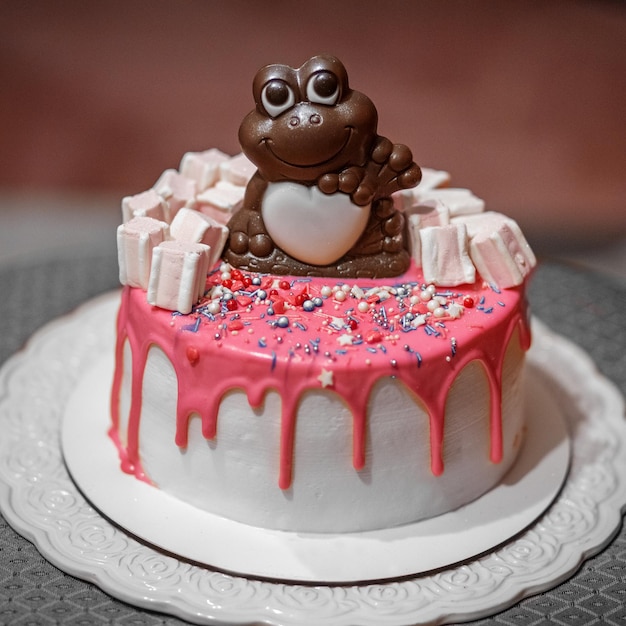 Delicious cake with chocolate toad and marshmallows The concept of food sweets and holiday Square